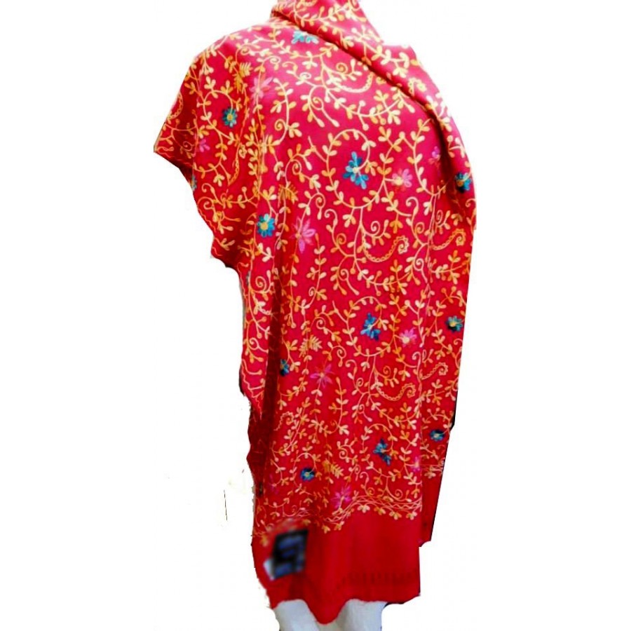 Red Acrowool Kashmiri / Water Pashmina Embriored Aari Shawl SHL-020